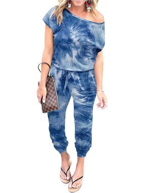 Women's Tie Die Dark Blue Summer Dressy Outfits Off The Shoulder Imported Romper
